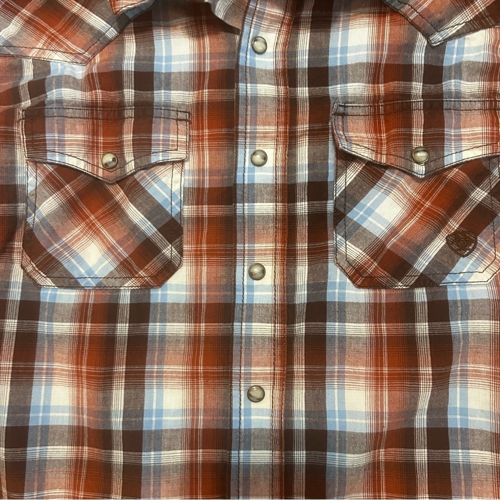 Ariat Men's Medium Pearl Snap Brown Rust Plaid Shirt Long Sleeve - Picture 3 of 6